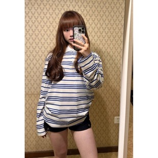 polo衫 蓝色条纹翻领长袖 外搭宽松空调罩衫 防晒T恤女夏季 上衣 薄款