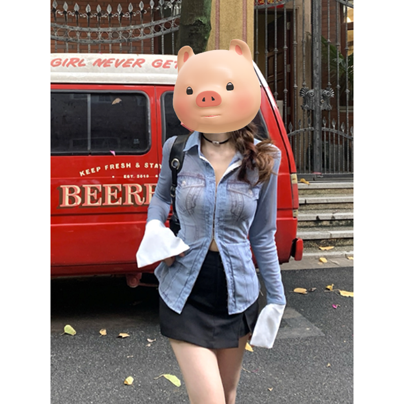 美式辣妹薄款网纱印花仿牛仔衬衫女夏季外搭衬衣收腰长袖防晒上衣