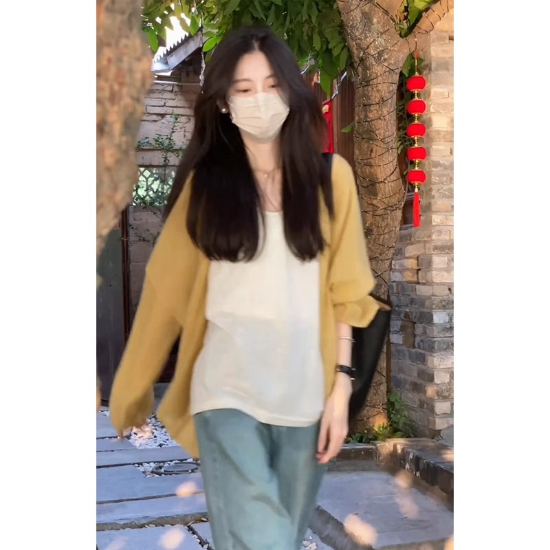 黄色冰丝防晒针织开衫外套女夏季薄款外搭开春ootd多巴胺穿搭上衣