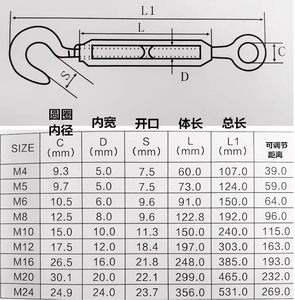 M花篮不锈钢螺丝开钢丝绳螺丝体 144拉紧器收紧器14mm兰花30