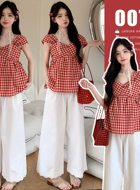 孕妇套装2025夏装法式复古红格子背心上衣辣妈白色阔腿裤两件套女