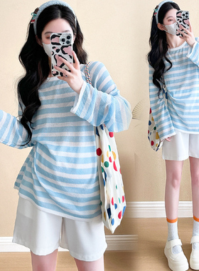 孕妇套装春夏新款上衣洋气遮孕肚空调防晒T恤白色短裤时尚两件套