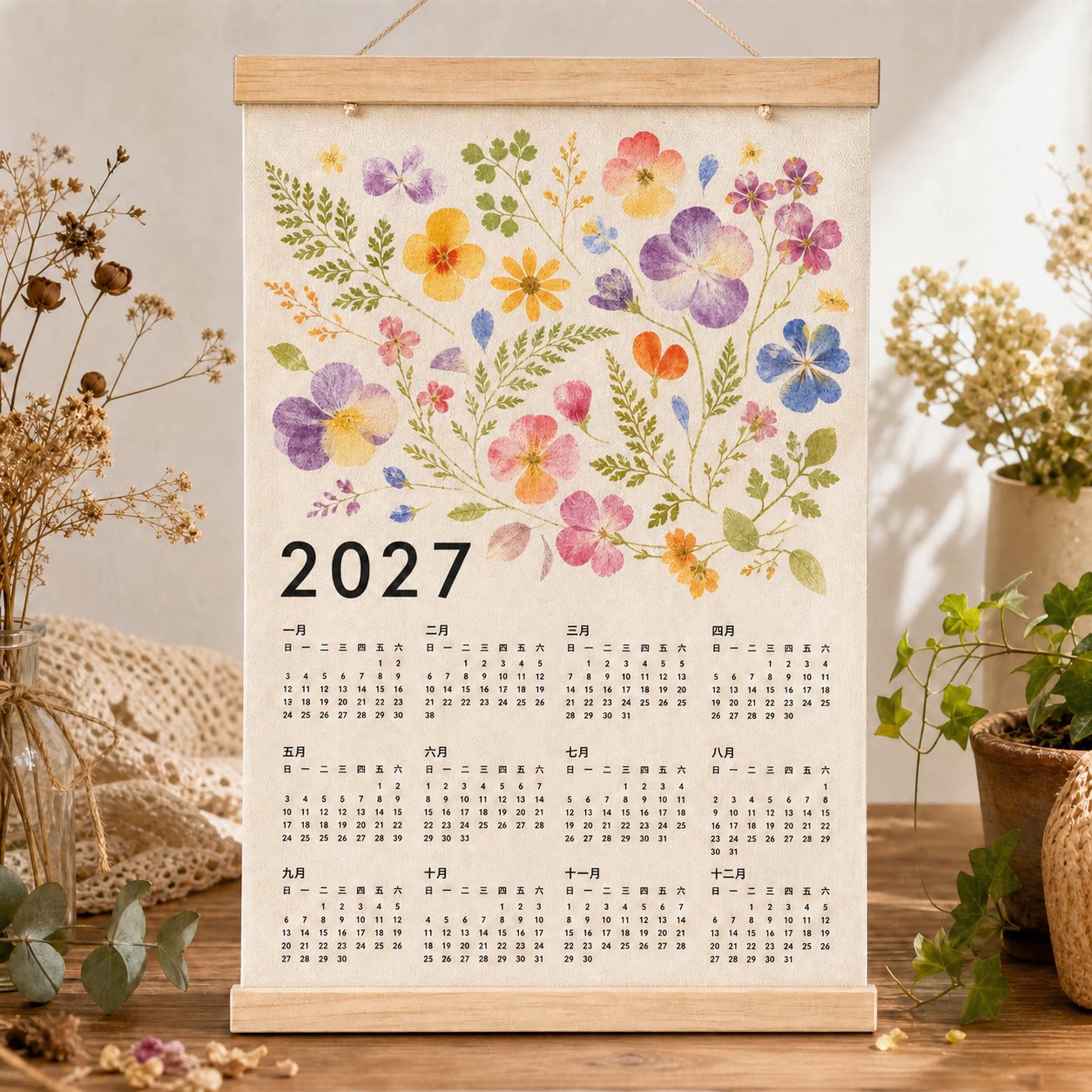 2027植物拓染空白挂历材料工具包图片