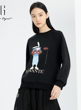 xg雪歌创意印花套头卫衣2024春新款女装百搭休闲上衣XJ101019A190