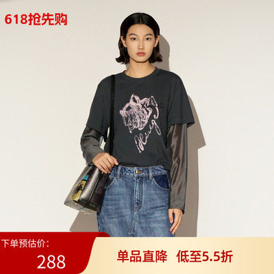 XG/雪歌26春新款假两件长袖T恤圆领宽松印花休闲上衣XL101005A383