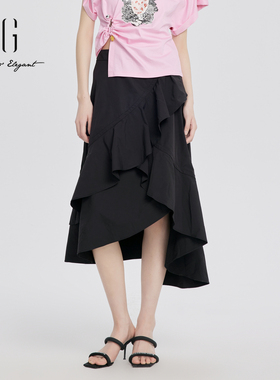 xg雪歌黑色不规则半身裙女高腰2024夏季通勤新款长裙XJ203004A890