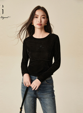 XG雪歌2024冬新款字母烫钻打底衫显瘦正肩长袖T恤女XJ401044A390