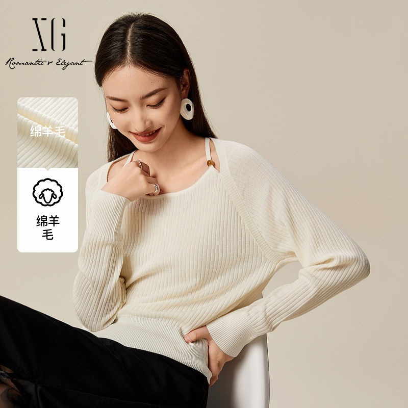 XG雪歌2025春款设计感假两件套头针织衫女百搭上衣XL111801A891图片