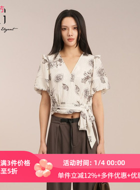 XG雪歌复古印花V领泡泡袖交叉绑带衬衣女短袖25夏款XK221034B194