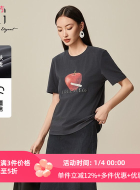 XG雪歌2025春款百搭显瘦正肩直筒苹果印花T恤女短袖XL101510A884