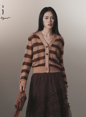 XG雪歌复古撞色长袖毛针织衫女2024冬季新款开衫外套XJ411053B172