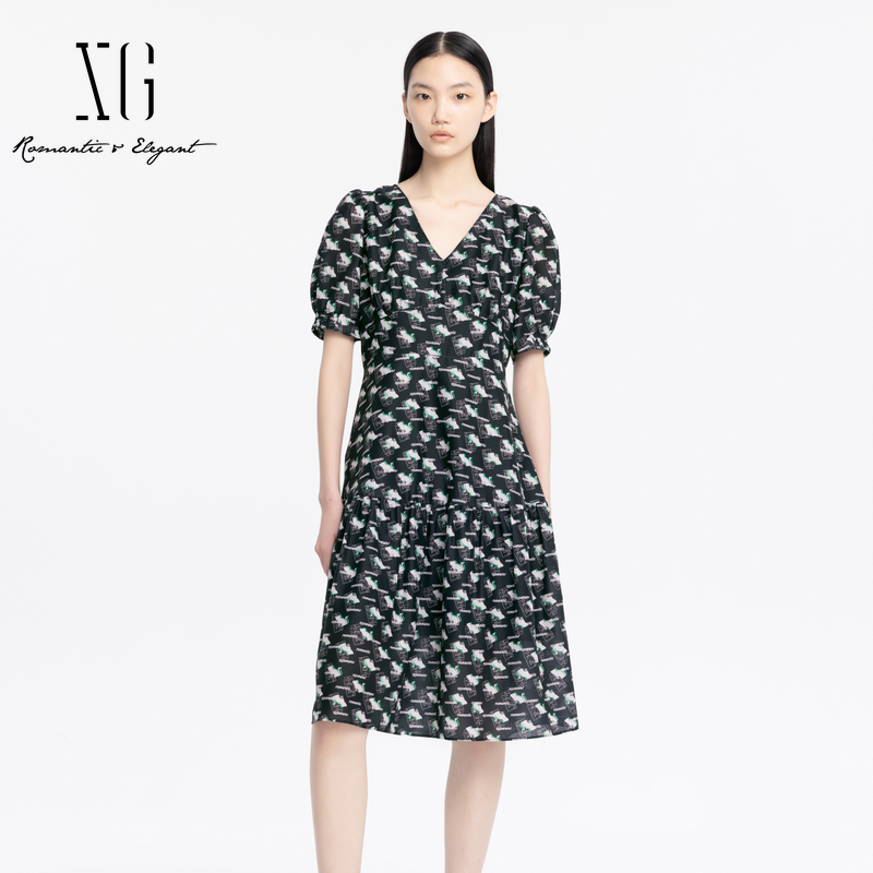 xg雪歌通勤淑女花版连衣裙