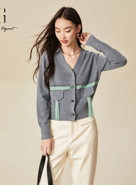 雪歌2024冬季新款创意拼接设计绵羊毛长袖毛针织衫女XJ411100A584