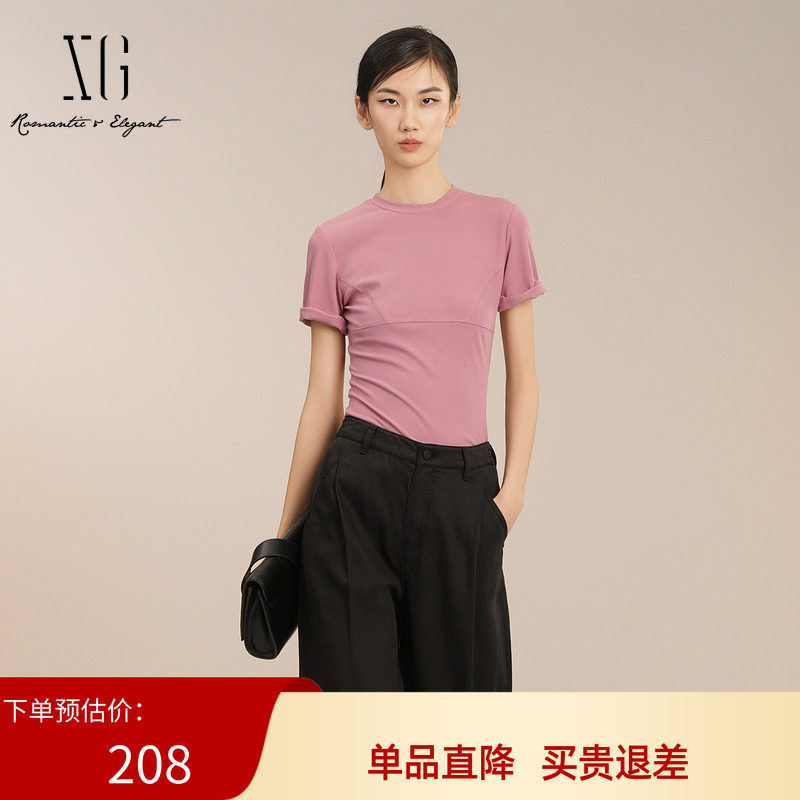 XG雪歌2025夏季新款淑女风粉红色修身套头短袖T恤女XK201026A318