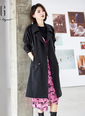 XG雪歌2024春季新款风衣中长款双排扣翻领黑色外套女XJ108008A390