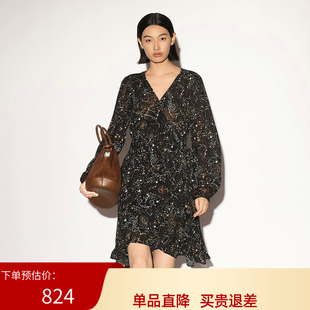 XG/雪歌26秋淑女风V领碎花长袖收腰气质显瘦连衣裙女XL304010B396