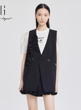 xg雪歌韩版黑色V领双排扣马夹2024夏款蕾丝外套上衣XJ224001A290