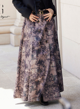 XG/雪歌女装a字休闲精美中长半身裙24冬水墨印染裙子XJ403032B396