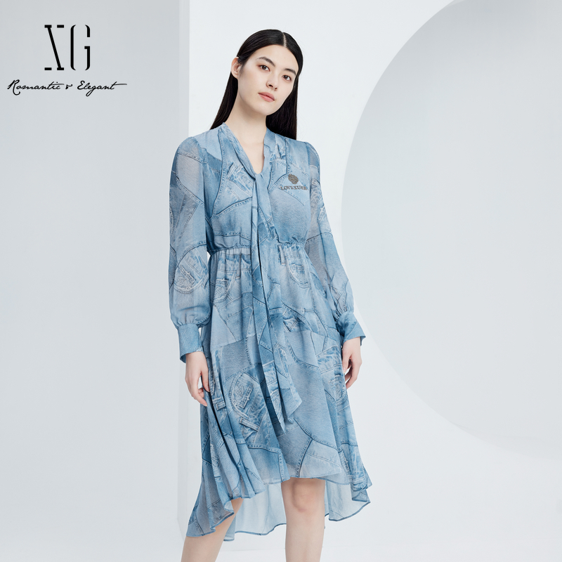 xg雪歌通勤淑女长袖连衣裙