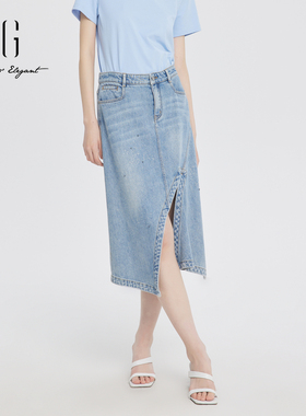 xg雪歌开叉牛仔半身裙女高腰2024夏新款不规则长裙子XJ203007A419