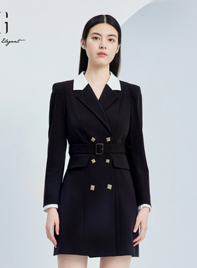 XG雪歌2024秋季新款高级感系带西装式黑色连衣裙女装XJ304025A590
