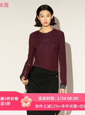 XG/雪歌26年春季新款酒红色圆领长袖针织衫女打底衫XL101007A115