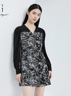 雪歌V领印花高级感长袖连衣裙2024秋季新款拼色裙子XJ304004B297