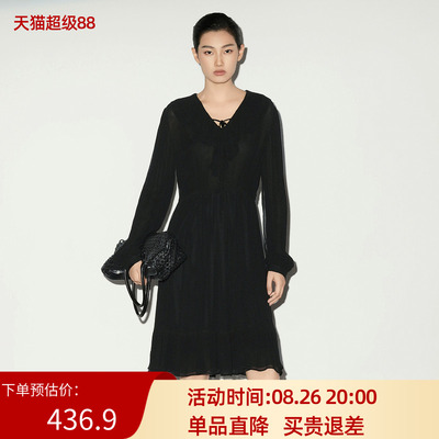 XG/雪歌26春款V领黑色连衣裙女长袖抽褶A字裙中长裙XL104006A390