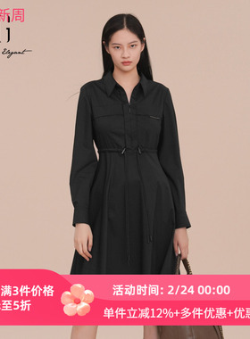 XG雪歌黑色衬衫连衣裙女2025春新款休闲百搭中长裙子XK104009A690