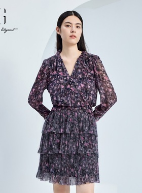 雪歌V领碎花收腰长袖连衣裙2024秋季新款气质裙子女XJ304003B696