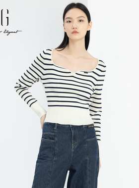 xg雪歌专柜正品条纹针织衫女套头2024春新款圆领毛衫XJ111006B199