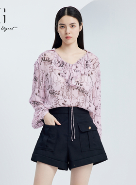 XG雪歌2024秋季新款桑蚕丝高级感长袖木耳边衬衫女装XJ321010B297