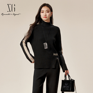 雪歌2024冬季新款高领打底拼色羊毛混纺针织衫毛衣女XK411879A890