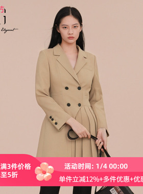 XG/雪歌2025春季新款女装学院风西装裙子百褶连衣裙XK107010A173