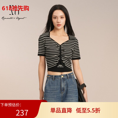 XG雪歌25夏款吸睛黑白条纹抽褶套头针织衫女短袖上衣XK211011B199