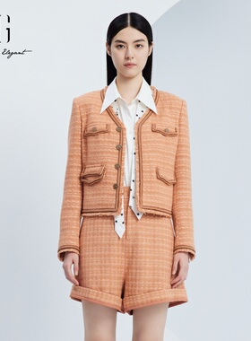 XG雪歌2024秋季新款时尚浅桔色粗花呢小香风外套女装XJ307013A536