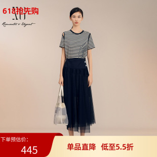 XG/雪歌2025夏季新款圆领短袖条纹收腰显瘦连衣裙女XK204033B499