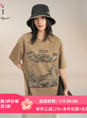 XG雪歌创意印花短袖T恤2025夏季新款套头圆领上衣女XK201016A373