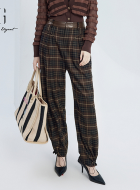 雪歌设计感显瘦格子休闲裤女2024秋季新款收脚长裤子XJ302015B395