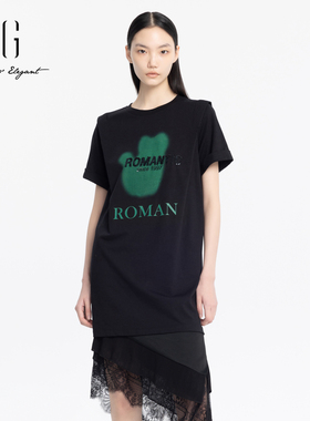 xg雪歌黑色印花连衣裙女套头2024夏季新款T恤式短裙XJ204049A690