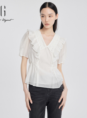 xg雪歌温柔气质短袖衬衫女2024夏新款荷叶边V领上衣XJ221034A151