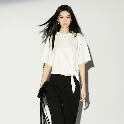 XG/雪歌2026夏短袖T恤女薄款钉珠设计感小众宽松上衣XL201018A251