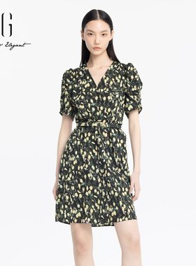 xg雪歌复古花色v领连衣裙女2024春季新款休闲短裙子XJ204028B397