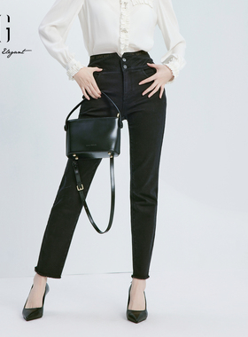 xg雪歌高腰两粒扣弹力牛仔裤女2024秋新款毛边小脚裤XJ302005A290