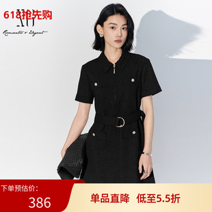 XG雪歌2025夏装新款酷飒黑色短袖工装风拉链连衣裙女XK204049A190