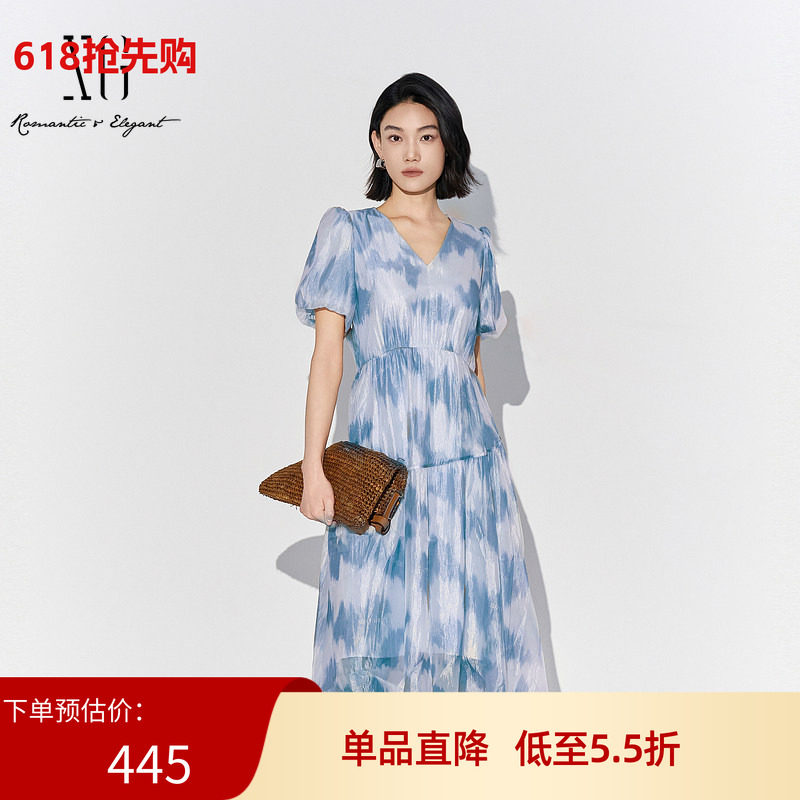 XG雪歌晕染设计连衣裙2025夏季新款短袖印花中长裙女XK204052B797