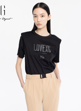 xg雪歌黑色印花T恤女短袖2024夏季新款休闲套头上衣XJ201034A790