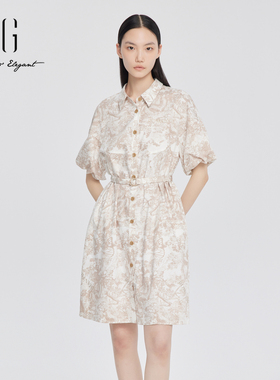 xg雪歌复古花色衬衫连衣裙女2024夏季新款休闲中长裙XJ204019B496