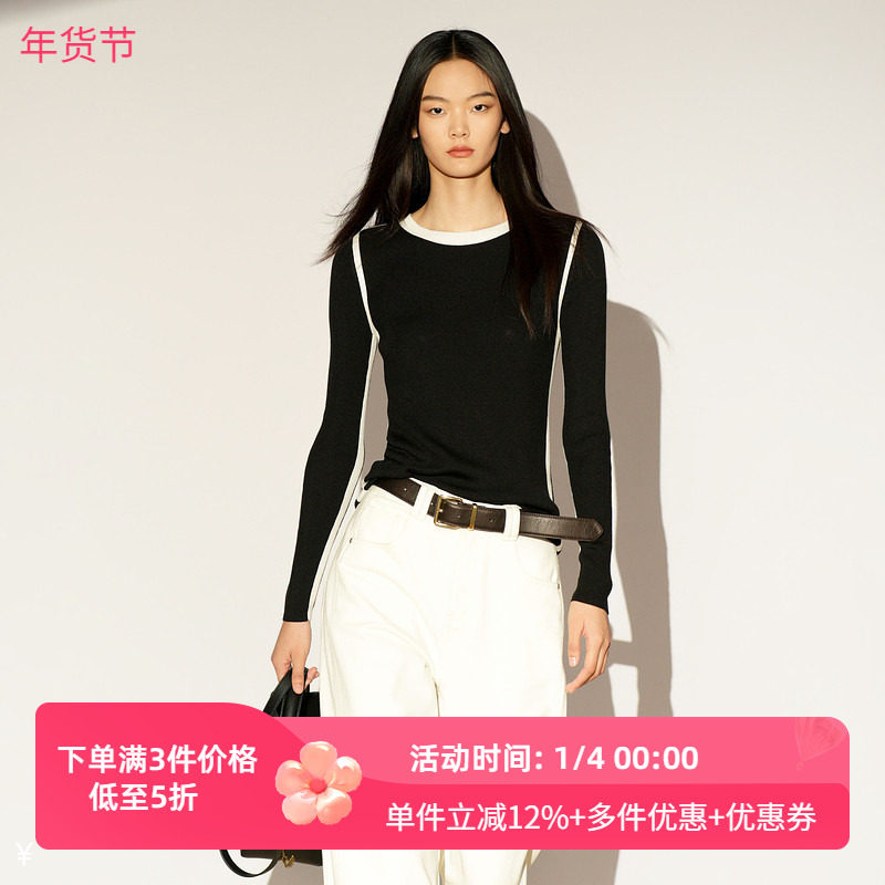 XG/雪歌2026春季新款针织衫女黑色圆领修身打底毛衣XL111030A290