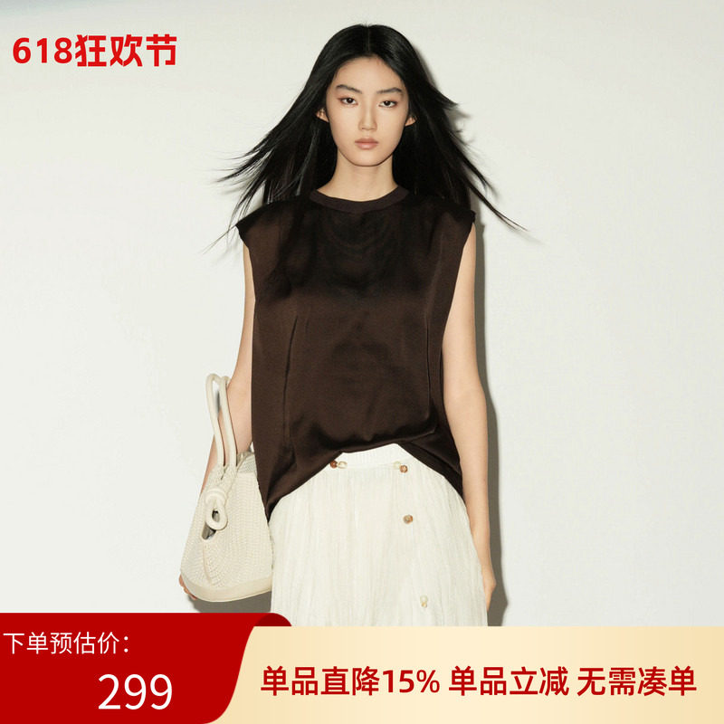 XG/雪歌26夏无袖背心T恤深咖啡色直筒垫肩凉感薄上衣XL221030A572